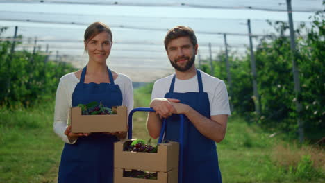 los agricultores miran a la cámara en el invernadero de la agricultura soleada. concepto de verano.