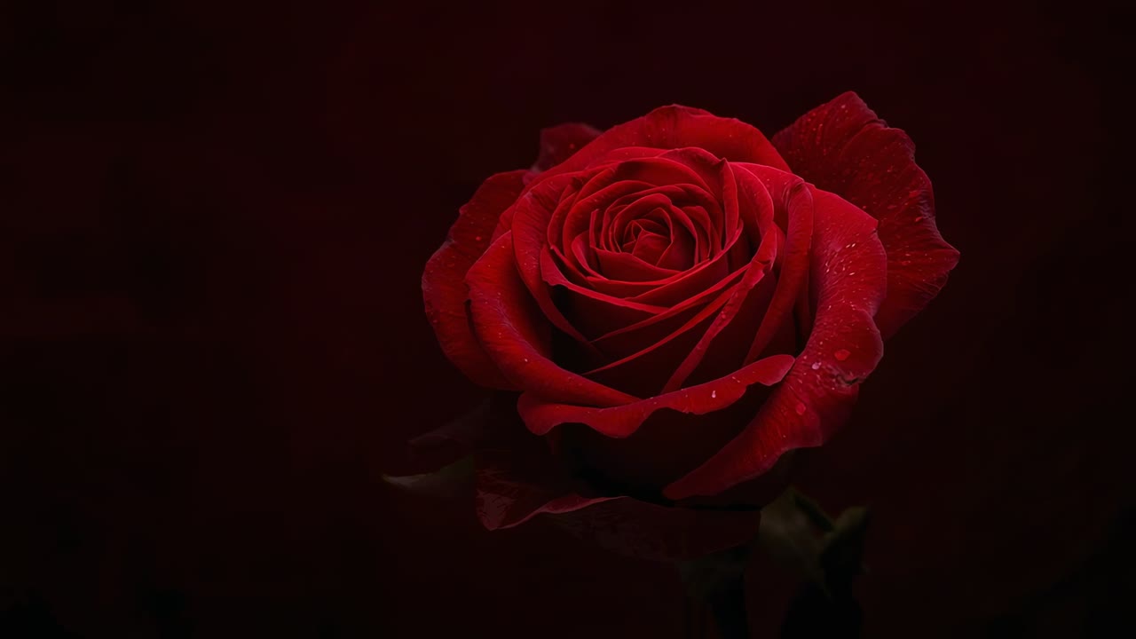 Plano que comienza con la cámara enfocando una rosa roja en un estudio, resaltando las gotas de rocío