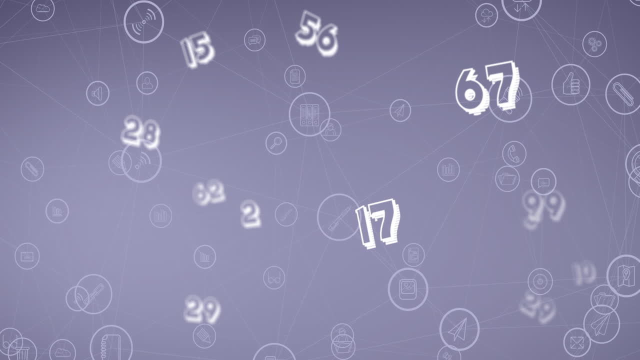 animación de la red de conexiones con iconos y números de medios en fondo gris