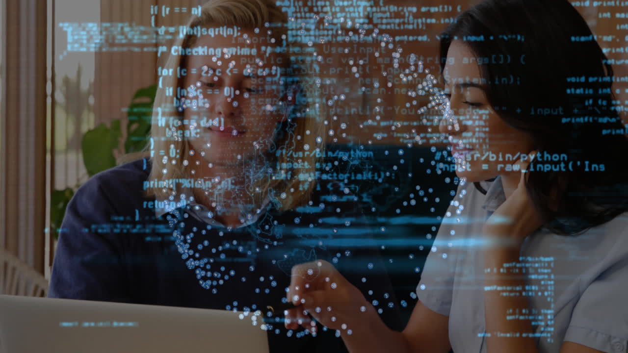 Animation of data processing and globe with spots over caucasian colleagues talking in office