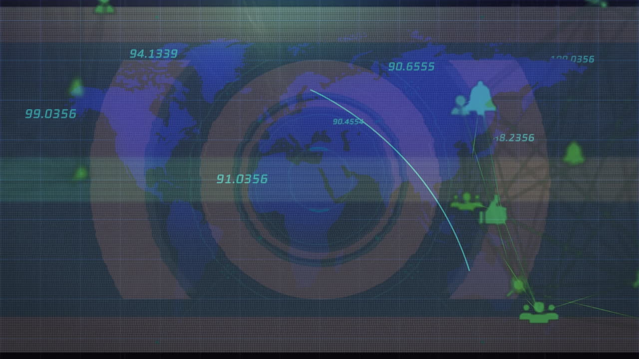 animación de la red de conexiones y el mapa del mundo con procesamiento de datos sobre fondo blanco