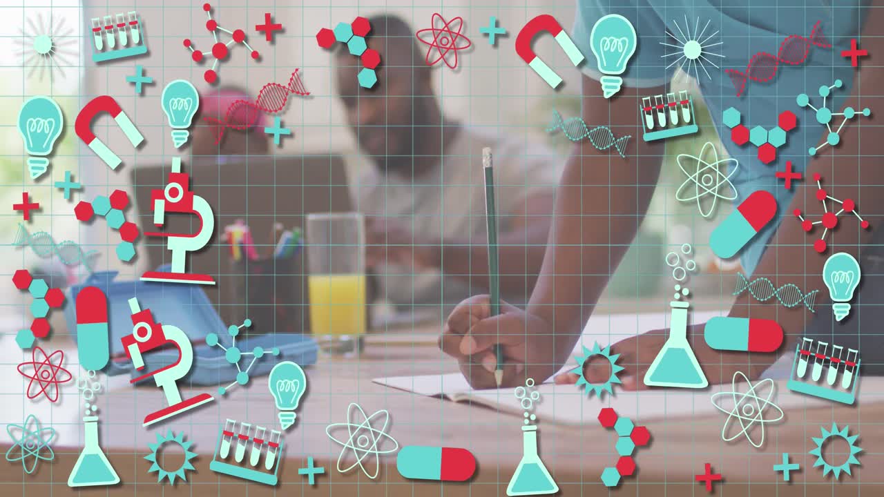 animación de iconos escolares sobre niños escribiendo y haciendo tareas