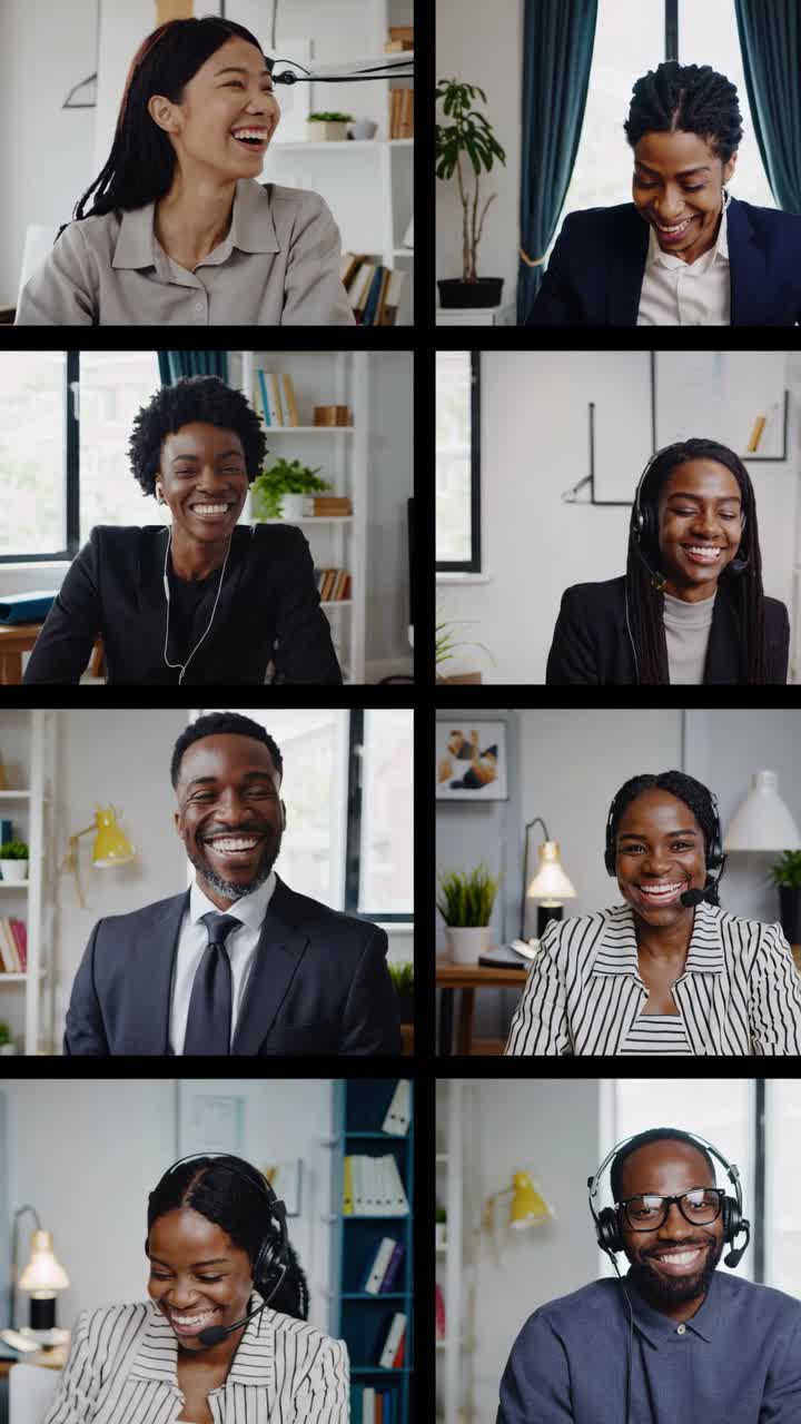 Video call concept with a grid of diverse professionals in a virtual meeting