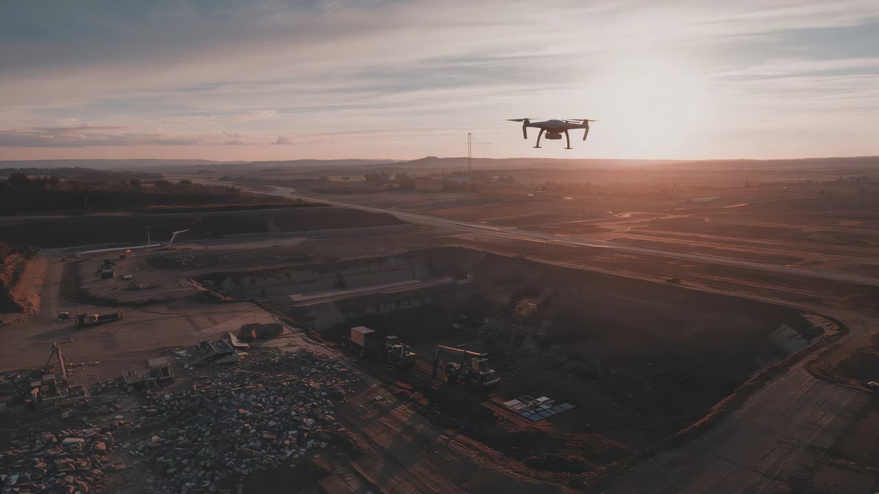 Launching consumer drone surveying quarry at low sun, passing over piles and machinery, copy space