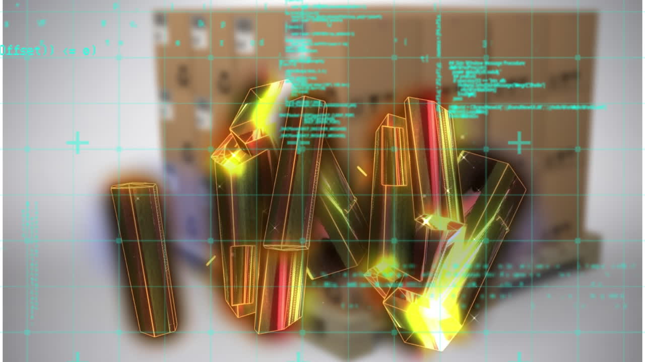 Animation of network of connections with icons over neon hexagons