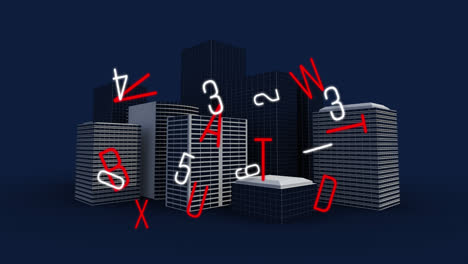 animation of falling numbers and letters over cityscape