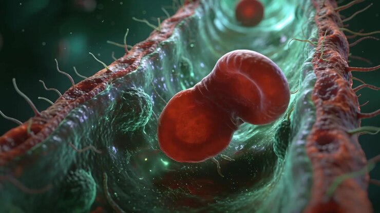 Globulo rosso che ruota e rotola attraverso il lume del vaso, con il flusso di plasma che spinge oltre i filamenti della parete