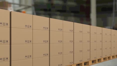 animation of cardboard boxes moving on conveyor belt over warehouse