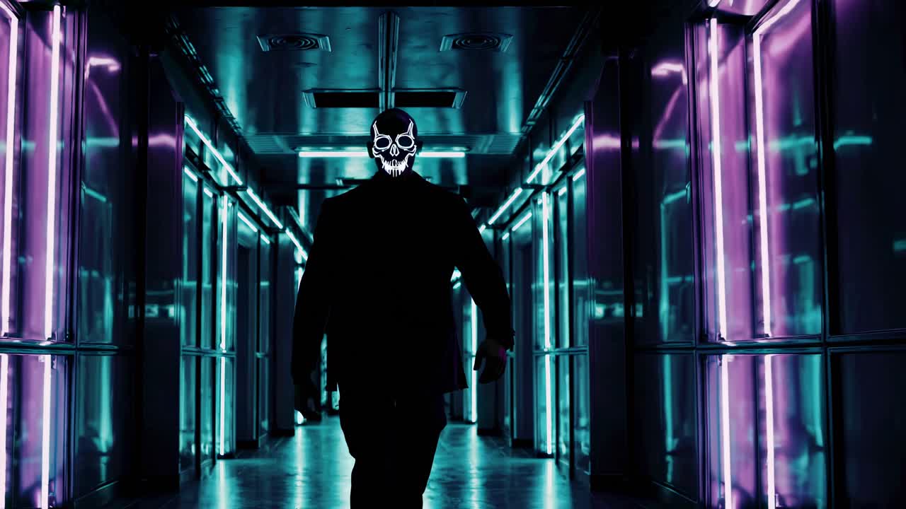 hombre con máscara de cráneo en un pasillo iluminado con neón