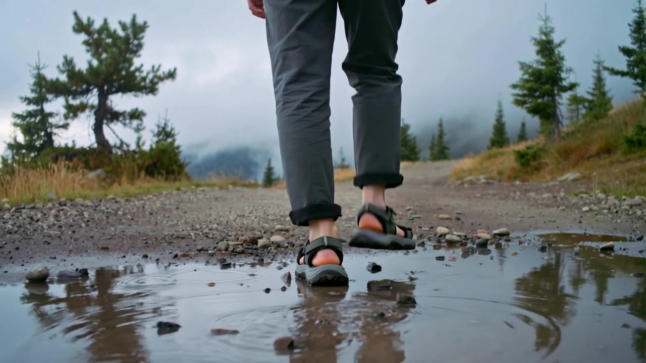 Approaching hiker stepping through puddle on mountain trail, wearing sport sandals, continuing hike