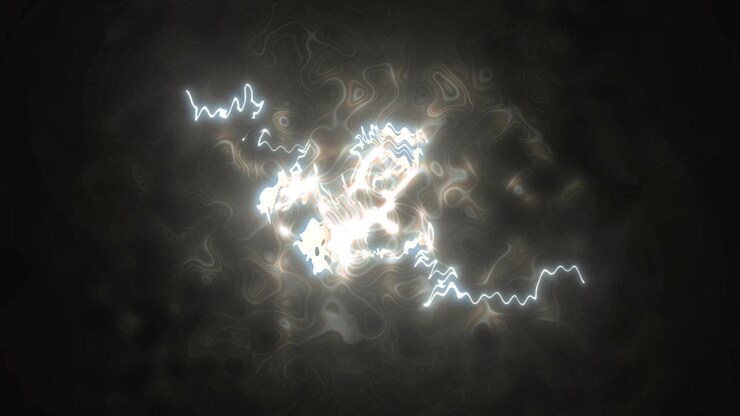 Impulsi di energia elettrica luminosi e astratti a forma di fulmine su sfondo nero