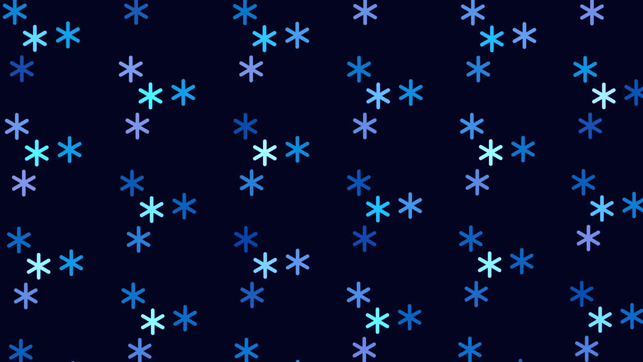 Digital pattern with abstract neon snowflakes in rows on black gradient