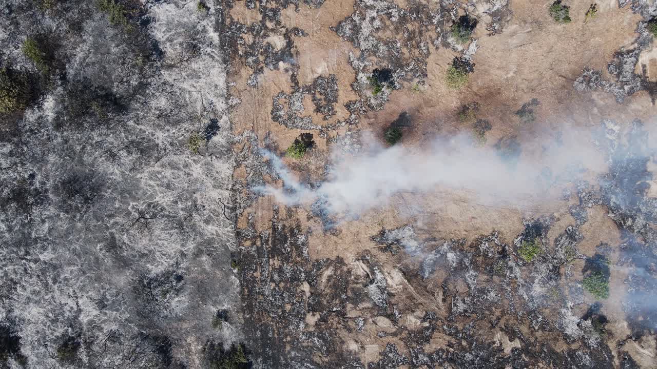 vista reveladora del humo que se eleva desde los restos carbonizados de un incendio creando patrones artísticos en la tierra quemada.