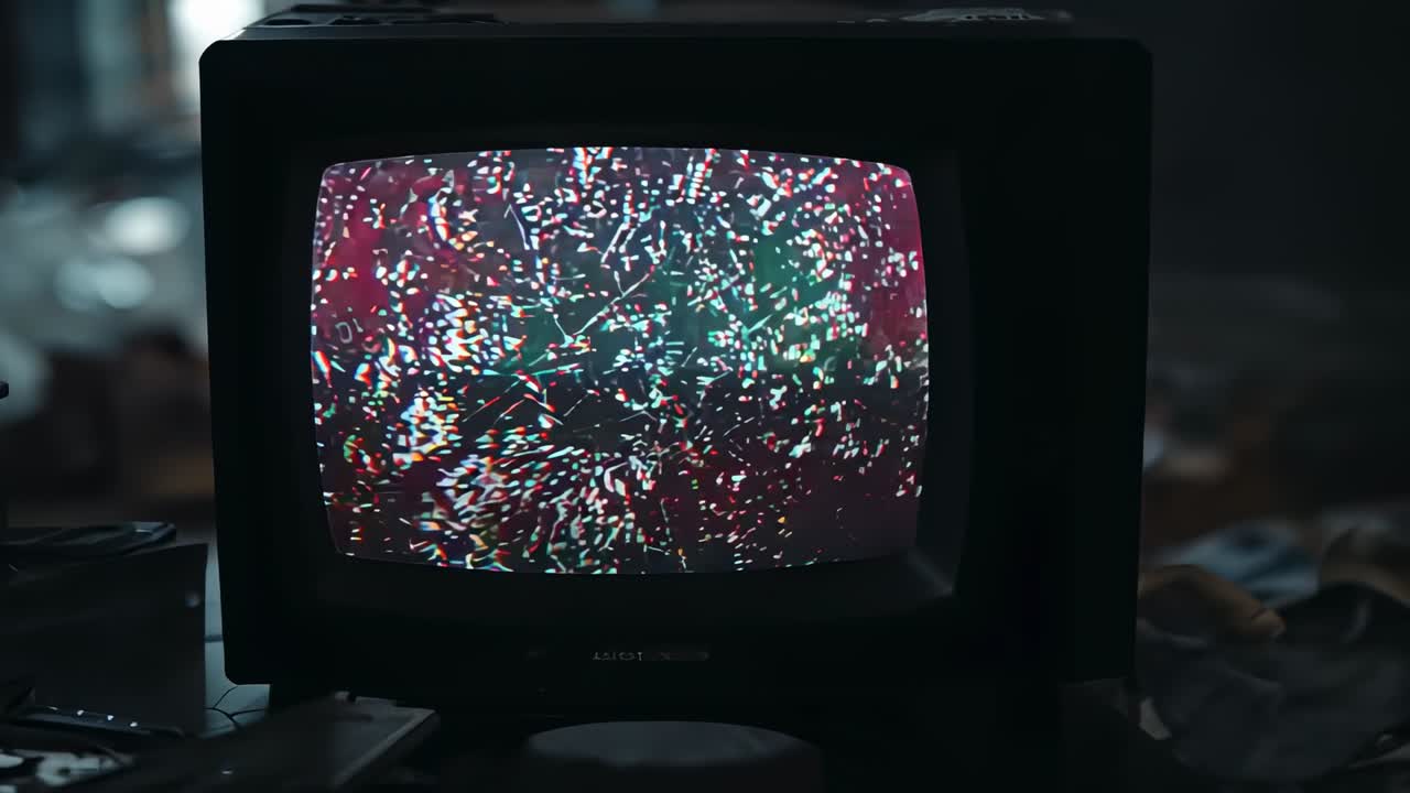 Power surging CRT TV emitting static and shifting colors on wooden workshop tabletop cluttered