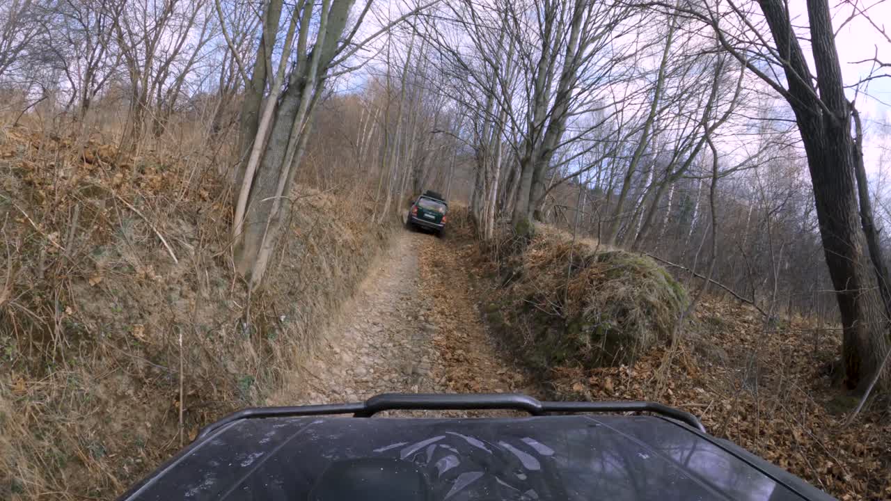 Off-road 4x4 vehicles driving on dirt forest road and bushes - GoPro 4k window pov