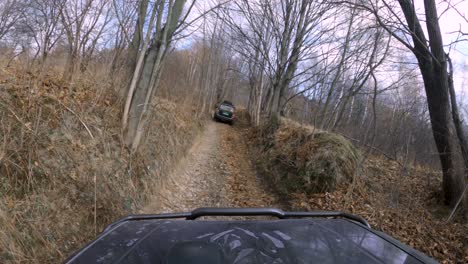 off-road 4x4 vehicles driving on dirt forest road and bushes - gopro 4k window pov