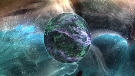Animation of green planet in blue and yellow galaxy