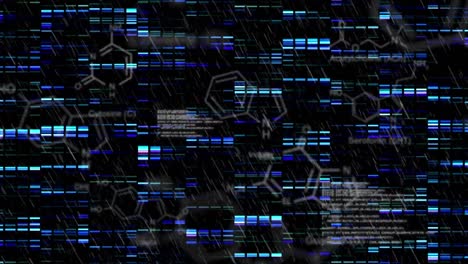 Animation-of-green-hexagons-over-data-processing-on-black-background-with-blue-lights