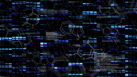 Animation of green hexagons over data processing on black background with blue lights