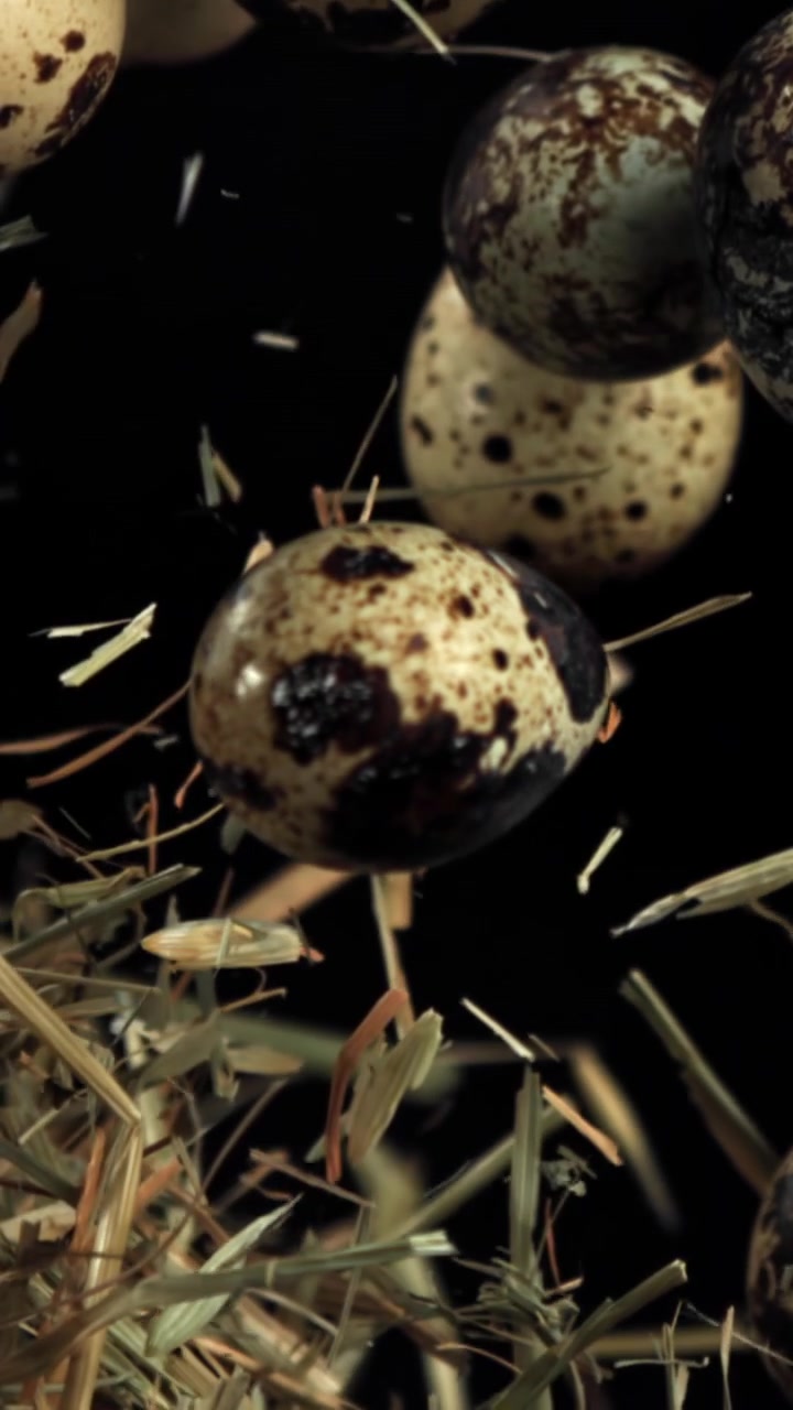 Speckled Quail Eggs and Hay Floating Upwards in Slow Motion