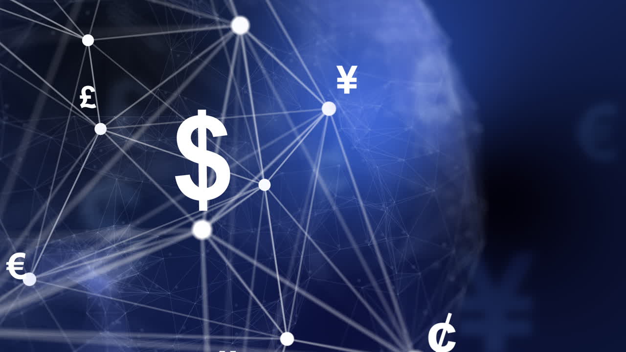 Animation of lines and dots with money sign. Abstract blue background with globe. 3D illustration of currency signs. Plexus of lines.