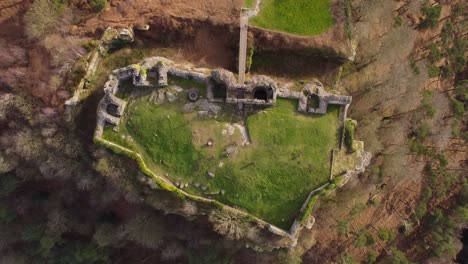 drone ascending and looking down onto medieval beeston castle ruins with tourists exploring grounds on sunny spring morning - cheshire, england, uk