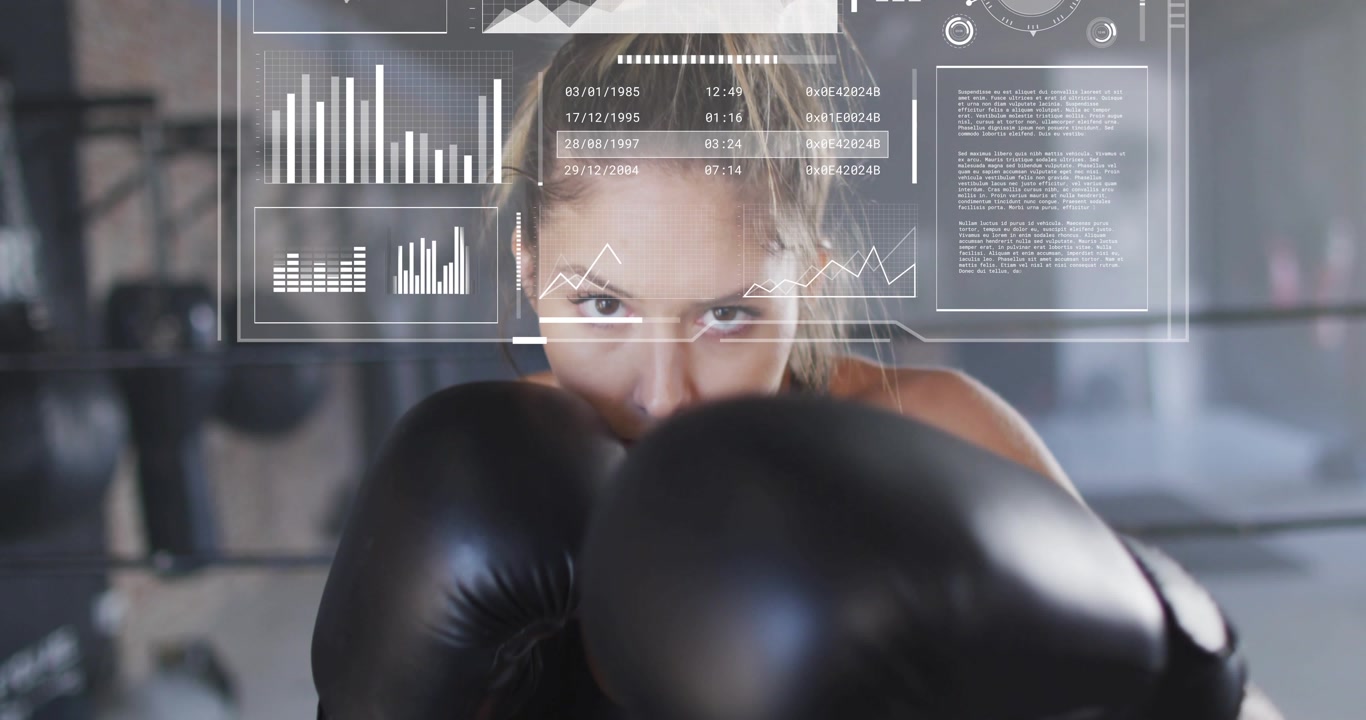 Woman boxer leaning and throwing gloved jabs for fitness HUD floating over face showing charts