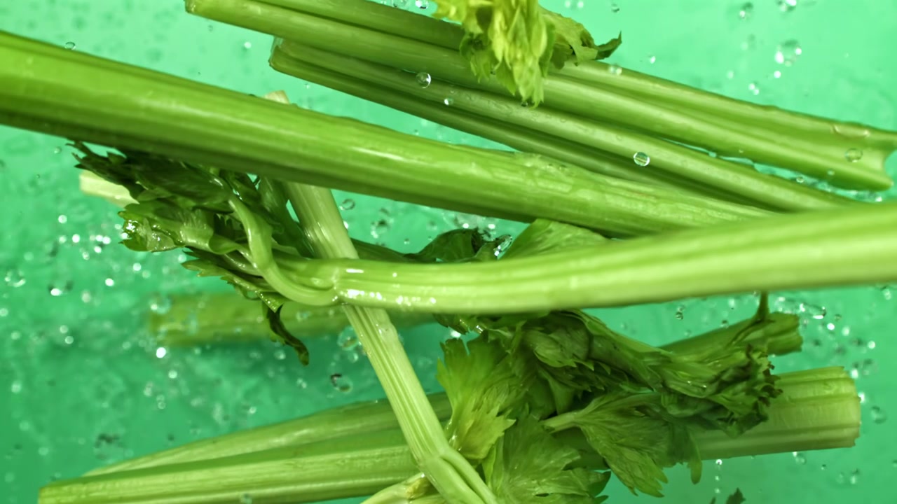 Gambi di sedano freschi che schizzano nell'acqua su sfondo verde