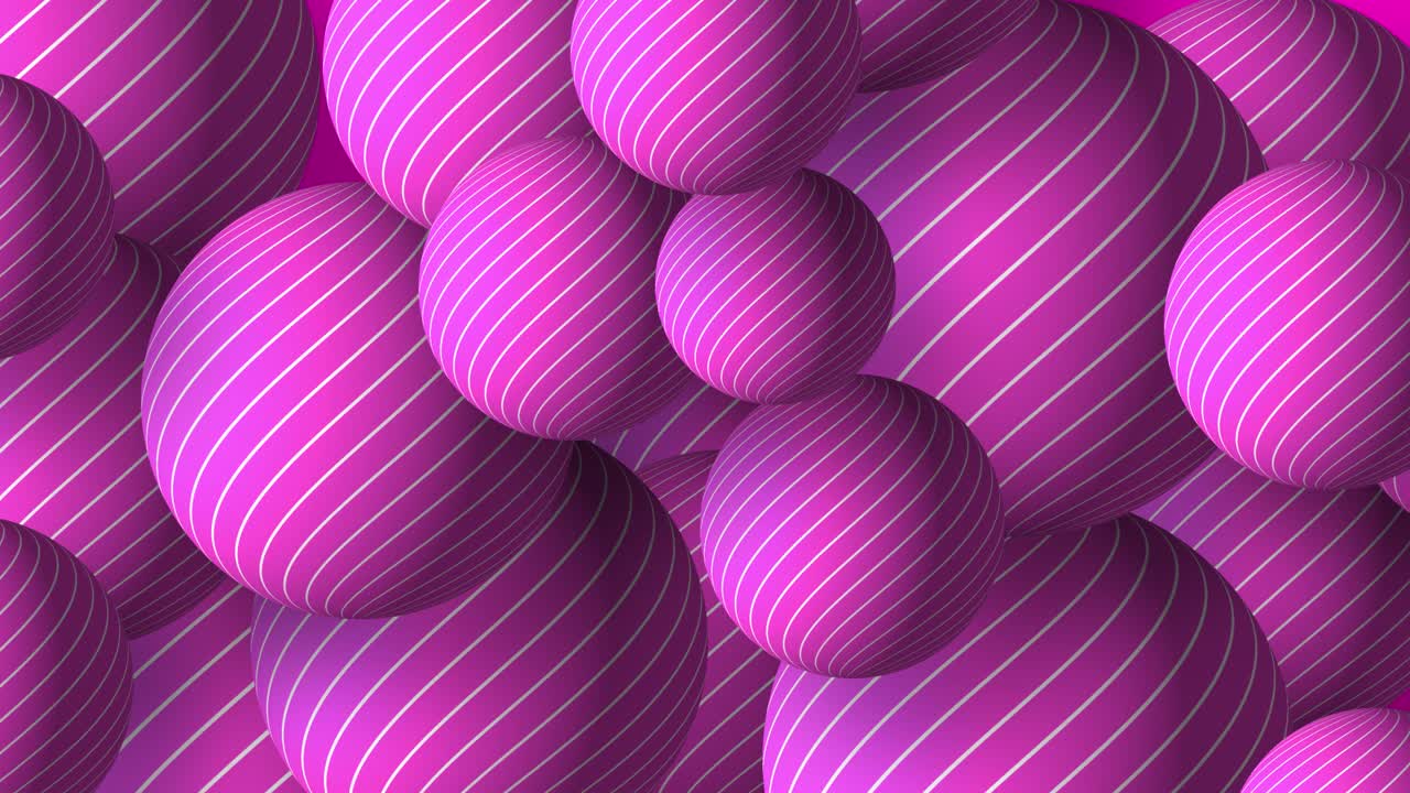 Slow motion 3D animation showing striped line work circular round balls moving on a gradient dynamic background visual effect patterns motion graphics abstract design colour way tones pink magenta