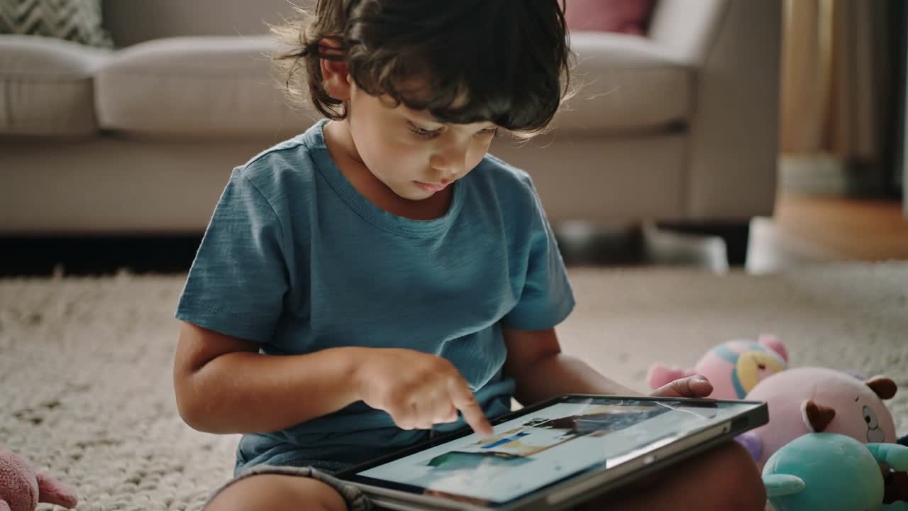 Olhando para a tela, criança de camiseta azul e shorts tocando no tablet para jogar no tapete da sala de estar, brinquedos de pelúcia.