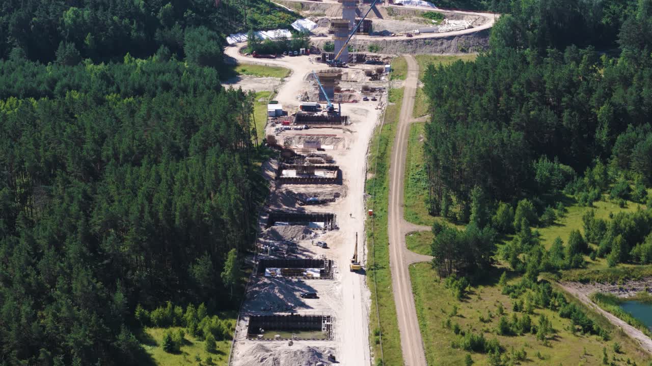 Endless construction site of Rail Baltica bridge in Lithuania, aerial view