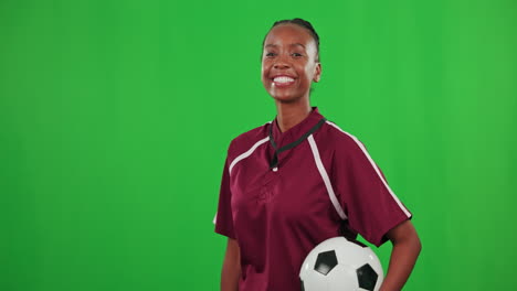 Fútbol,-Entrenador-Y-Rostro-De-Mujer-Negra-Vestida-De-Verde