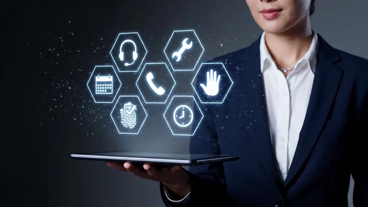 Businesswoman Holding Tablet with Business Management and Support Icons