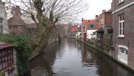 statische weitwinkelaufnahme eines ruhigen kanals in brügge, belgien