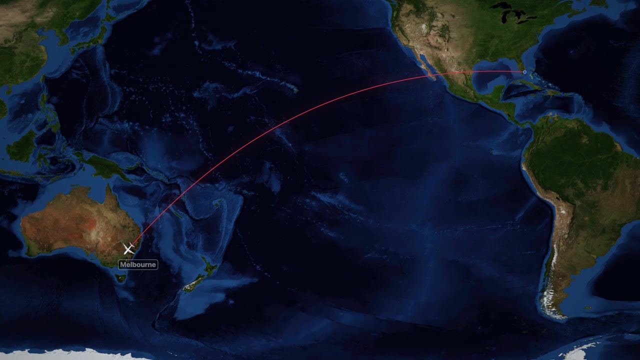 Satellite world map animation follows a flight path from Miami to Melbourne with red line