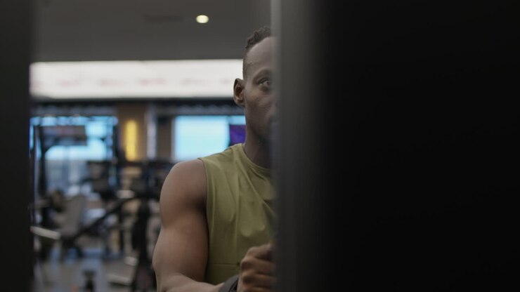 homem trabalhando em uma máquina de cabo em um ginásio