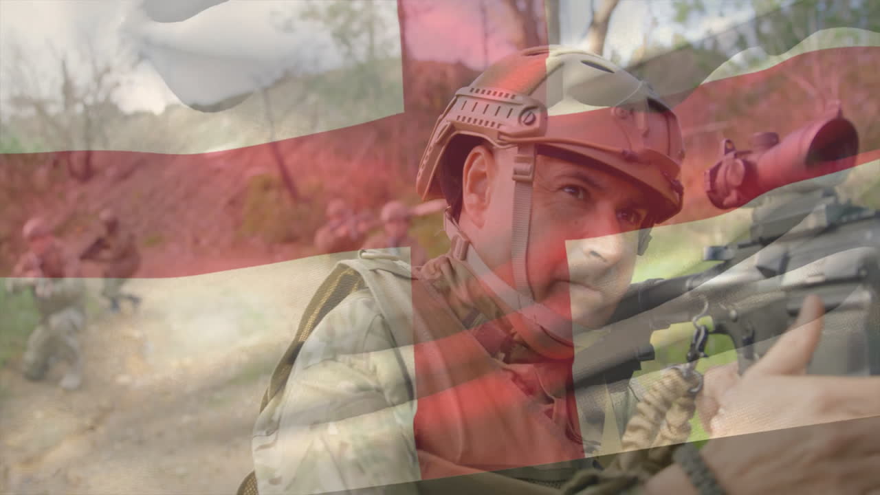 Soldato che mira con un fucile, con sovrapposizione della bandiera danese in animazione militare all'aperto