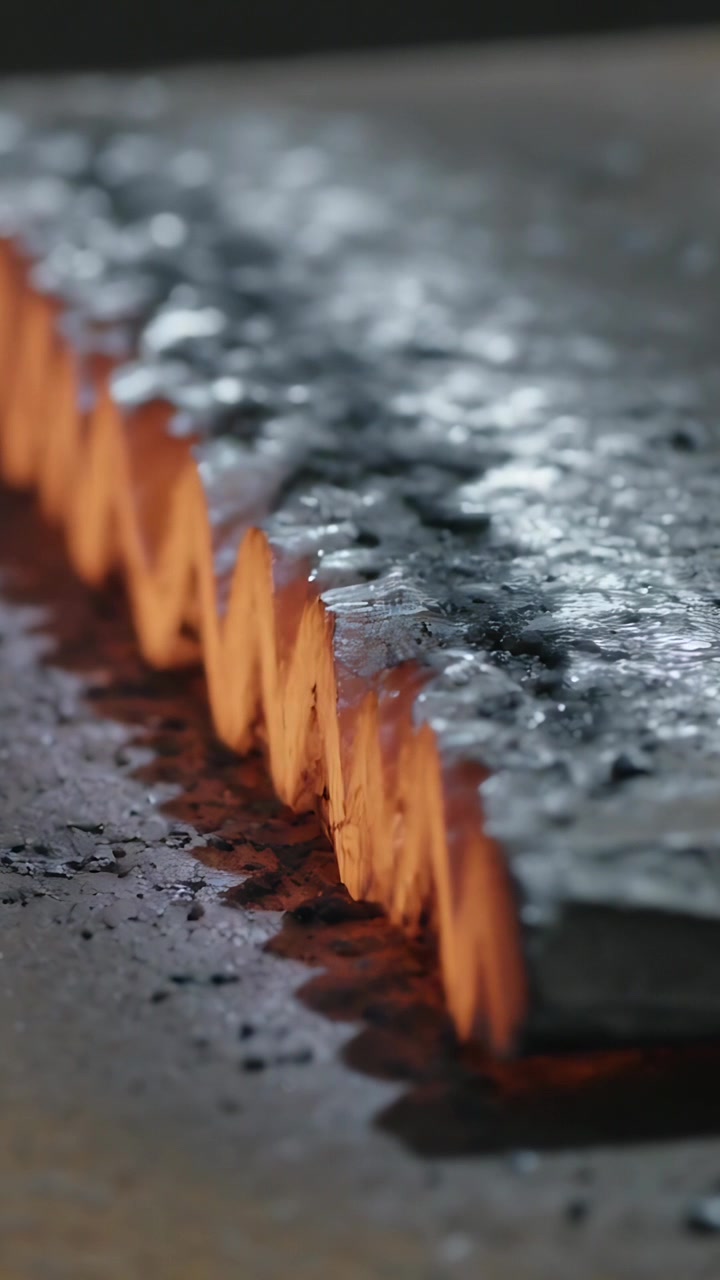 Vertical video: Heating serrated metal teeth from heat, glowing orange on bench, forming slag
