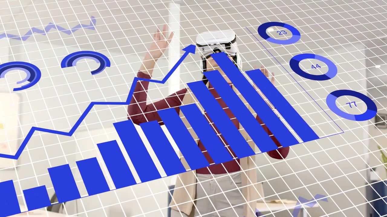 Woman wearing white VR headset gesturing in office, blue charts growing overlapping torso for data