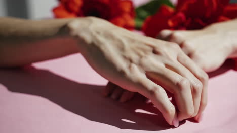 elegant hand with manicured nails on pink background with red flowers and shadows