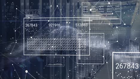 animation of interface with data processing and network of connections against computer server room