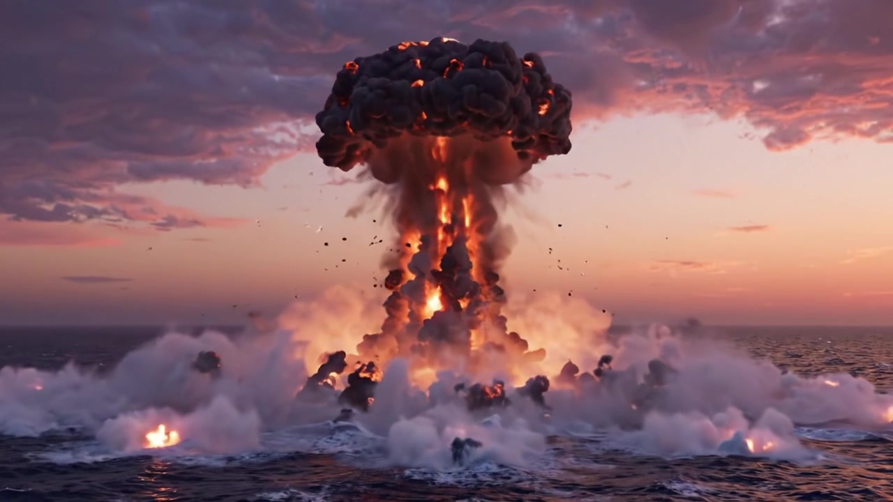 En dramatisk visuell sekvens av en eksplosiv detonasjon i havet: Vitne intensiteten av energi som stiger fra sjøen mot en fantastisk solnedgangsbakgrunn.