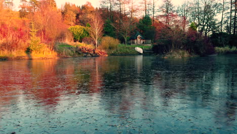 frozen lake covered with leaves and autumn tree colour reflections