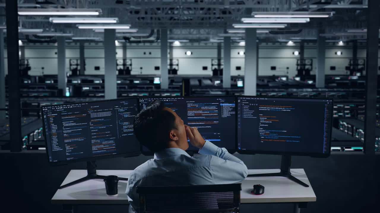 Back View Of Tired Asian Man Developer Yawning Before Sleeping While Write Code With Multiple Computer Screens In Data Center