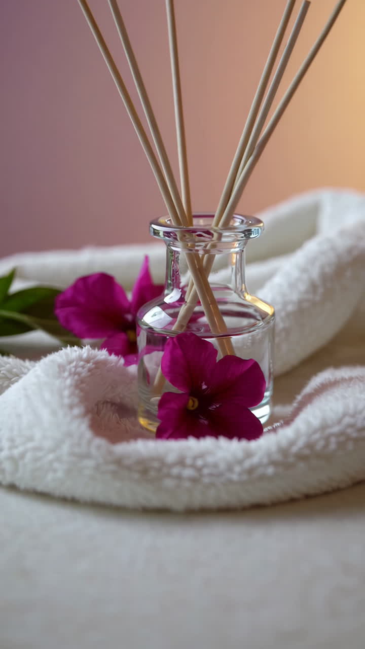 Scented Diffuser with Purple Flowers and Soft White Towel
