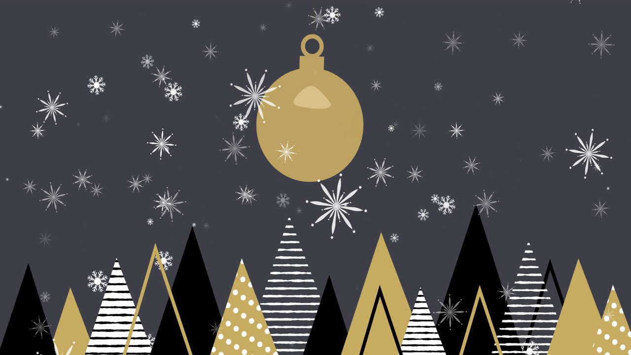 animación de nieve cayendo sobre decoraciones de navidad y paisajes de invierno