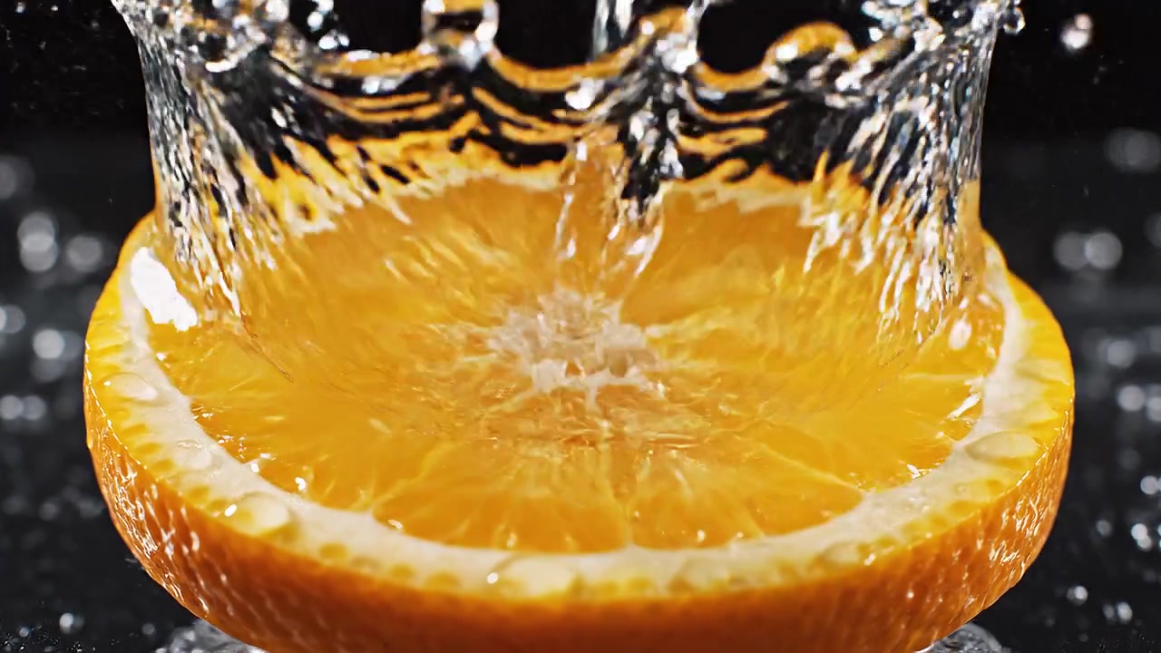 Frisk appelsinskive med vannsprut på svart bakgrunn