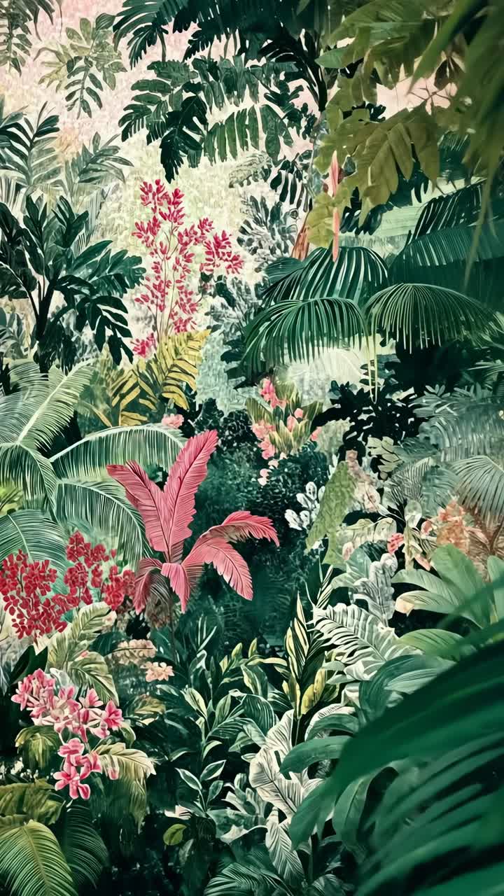 Lush tropical foliage captured from a high angle, showcasing vibrant greens and reds