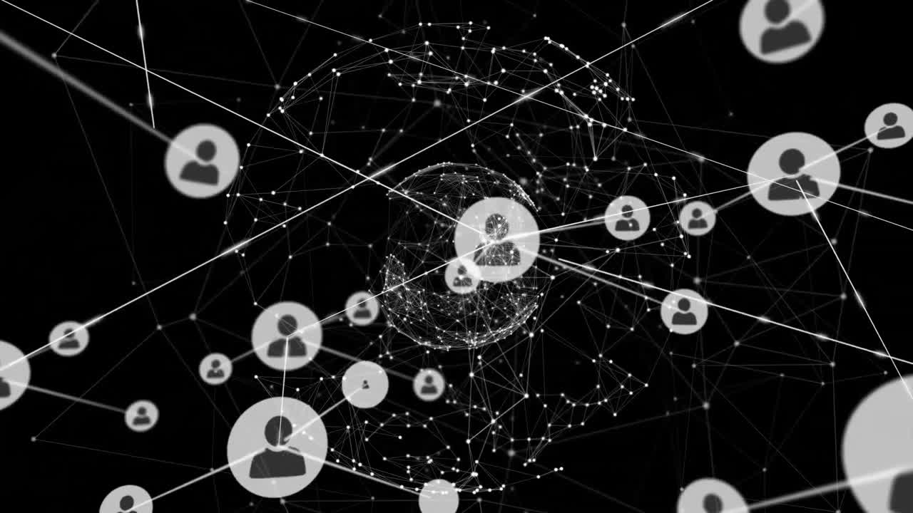 Animation of network of connections with icons on black background