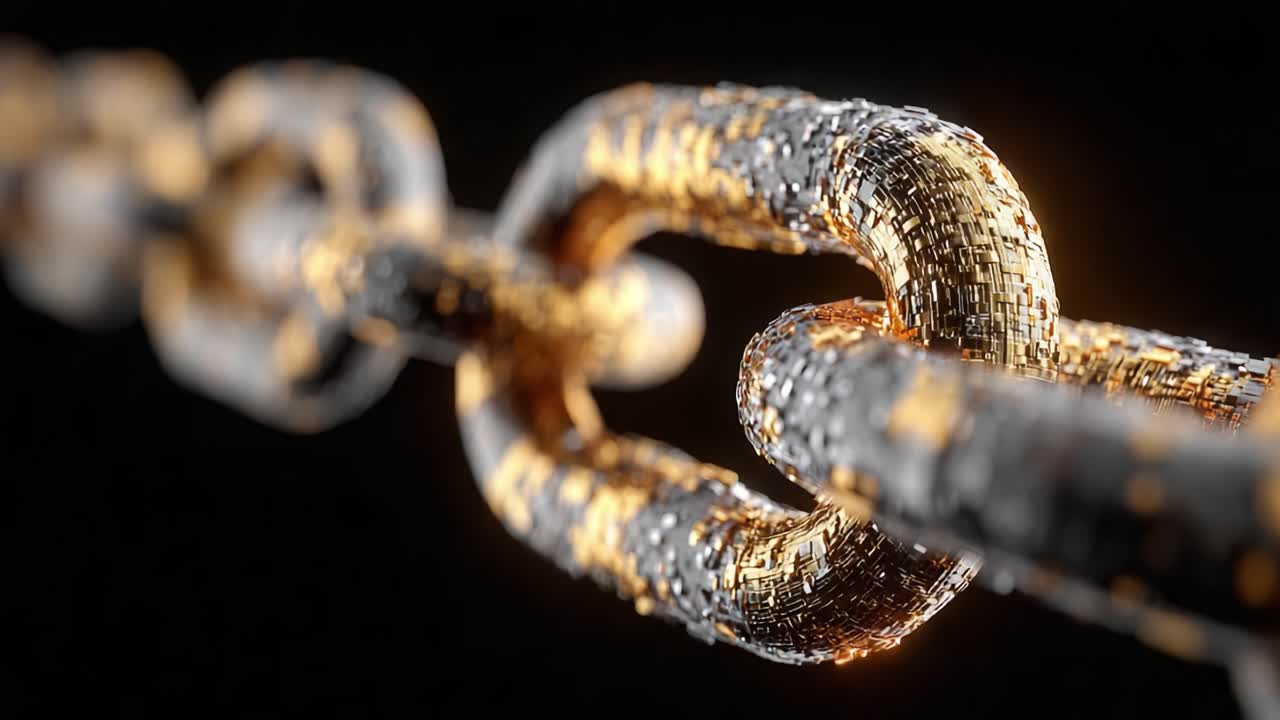 Close-up of a stunning metallic chain showcasing intricate details and a blend of shimmering gold and silver textures against a dark background, symbolizing strength and connectivity